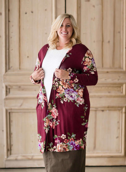 Long Floral Cardigan - FINAL SALE Layering Essentials Burgandy / 1XL