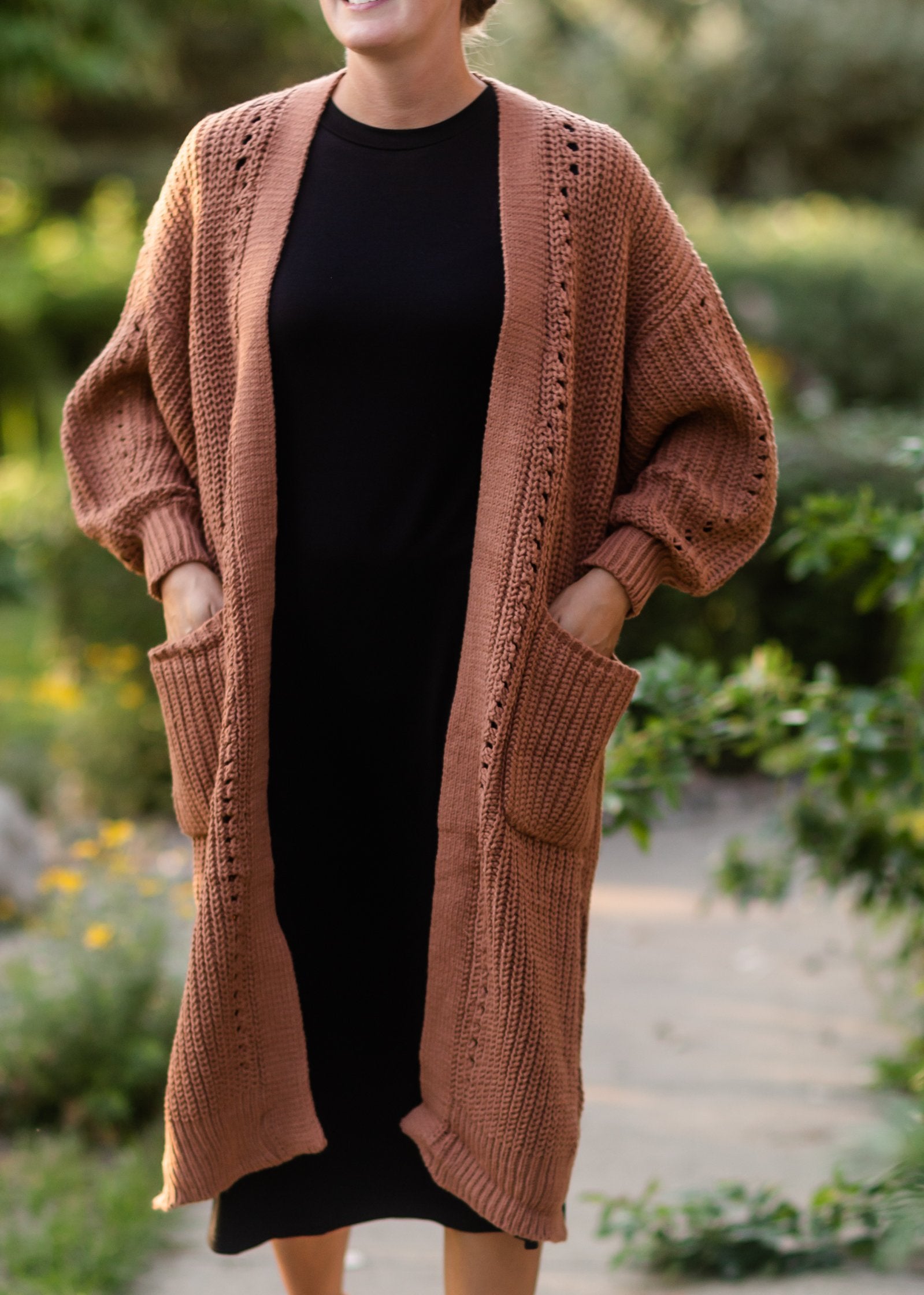 Long Open Front Balloon Sleeve Copper Cardigan Tops KyeMi