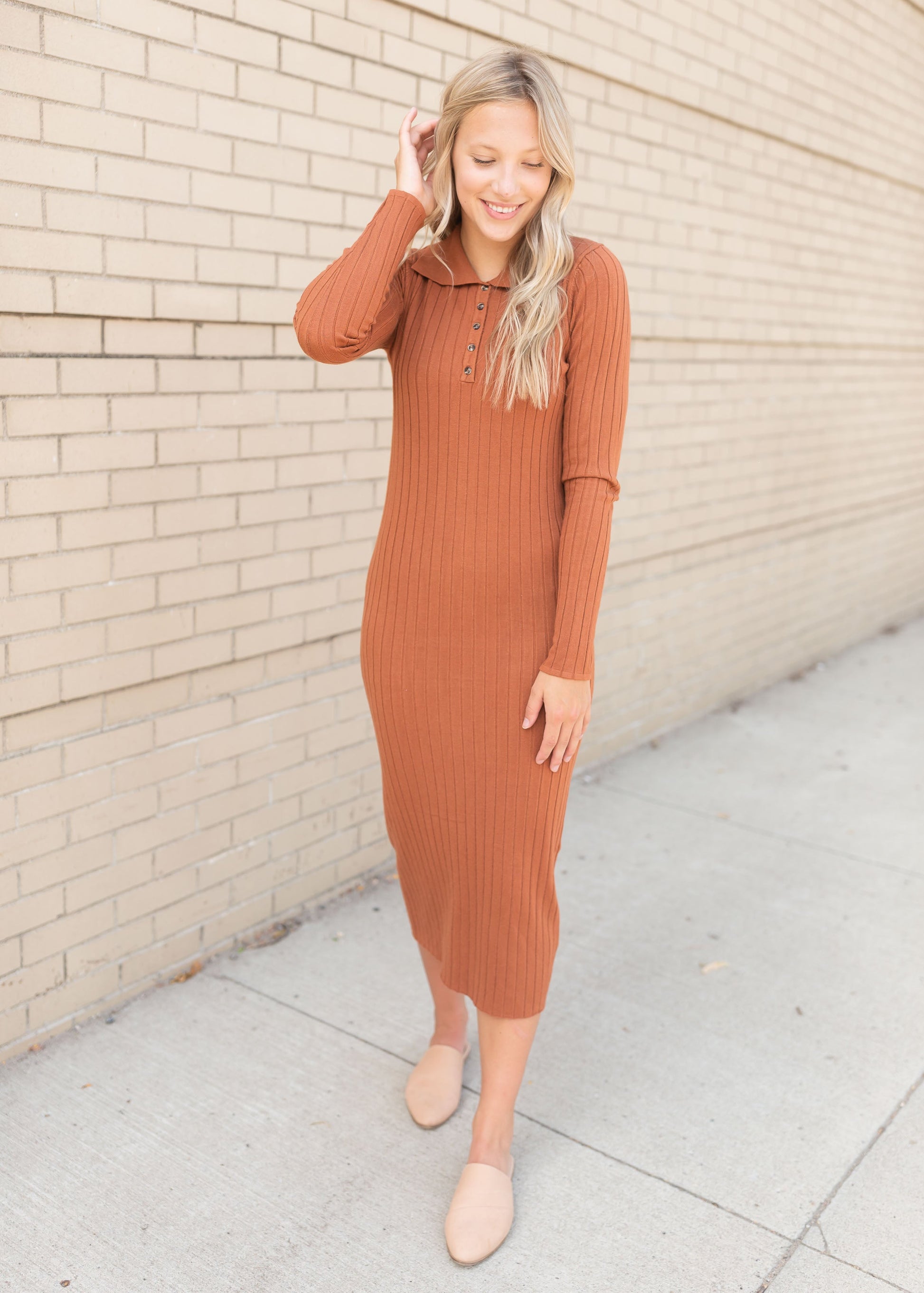 Long Sleeve Collared Rust Ribbed Sweater Dress Dresses