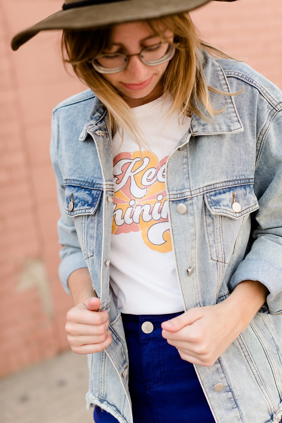 women's modest light denim distressed jean jacket