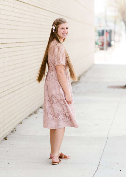 women's modest mauve lace midi dress