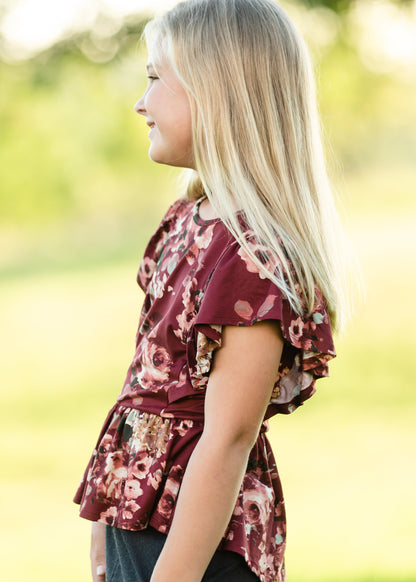 Maroon Floral Peplum Top Tops