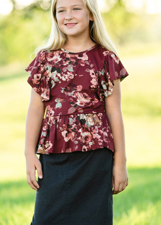 Maroon Floral Peplum Top Tops