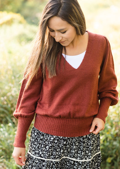 Maroon V-Neck Ribbed Hem Sweater - FINAL SALE Tops