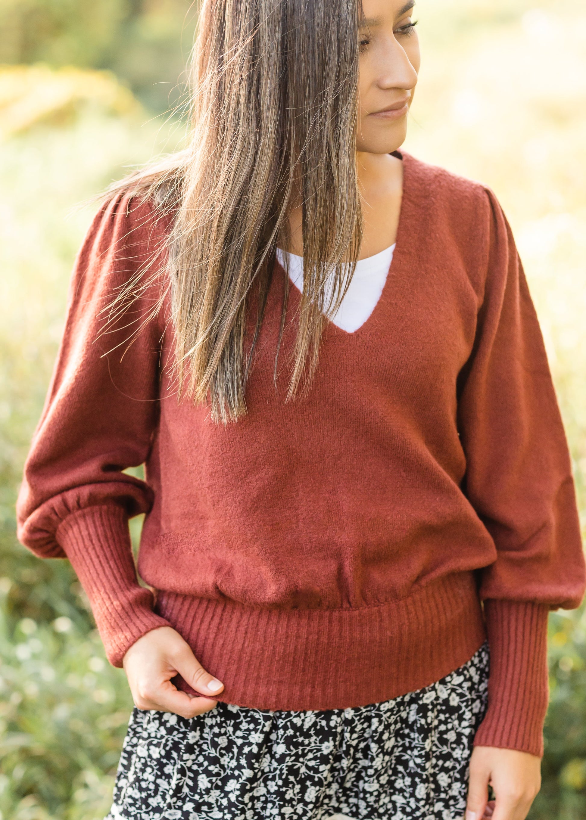 Maroon V-Neck Ribbed Hem Sweater - FINAL SALE Tops