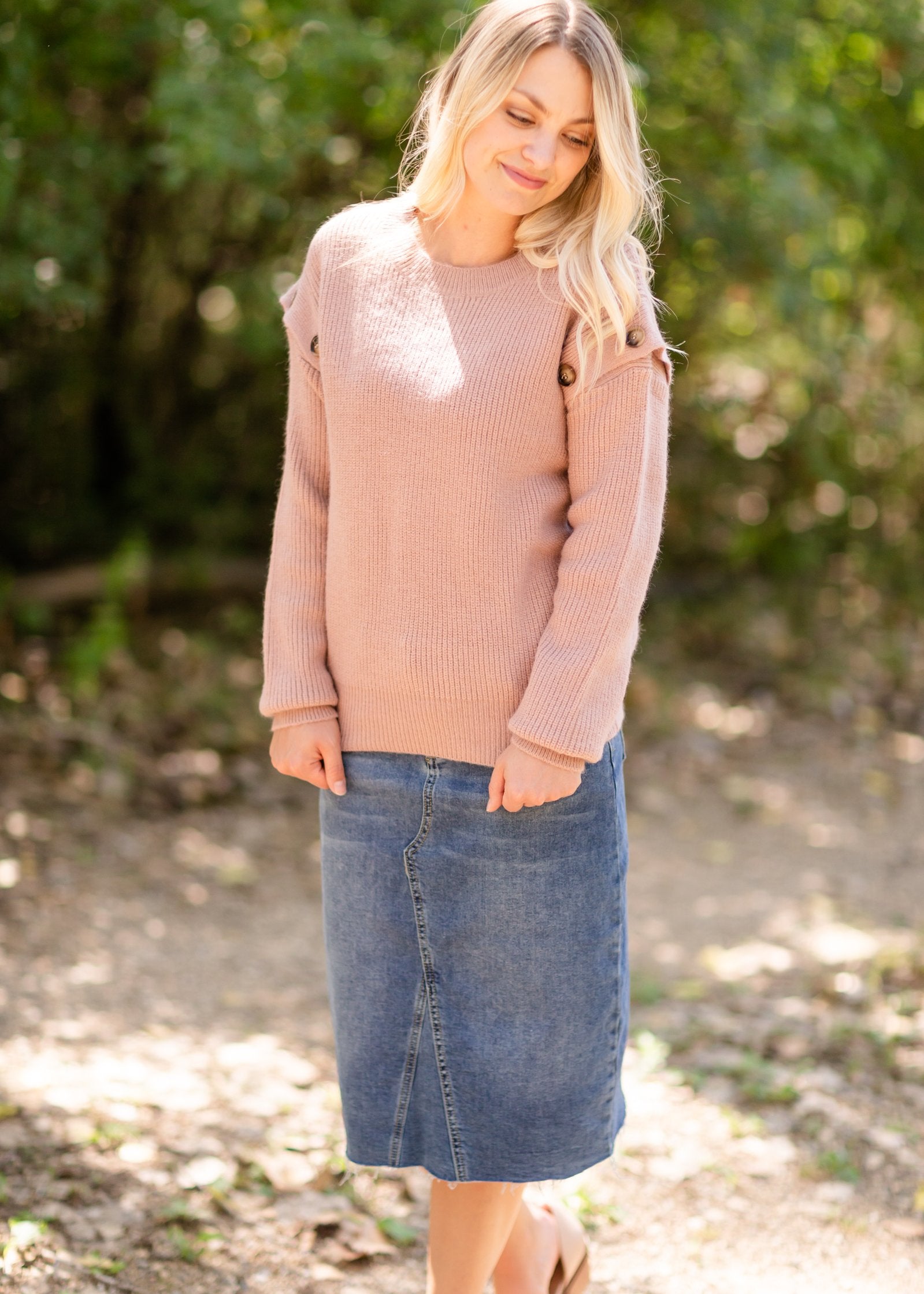 Mauve Button Shoulder Cozy Sweater Tops Hem & Thread