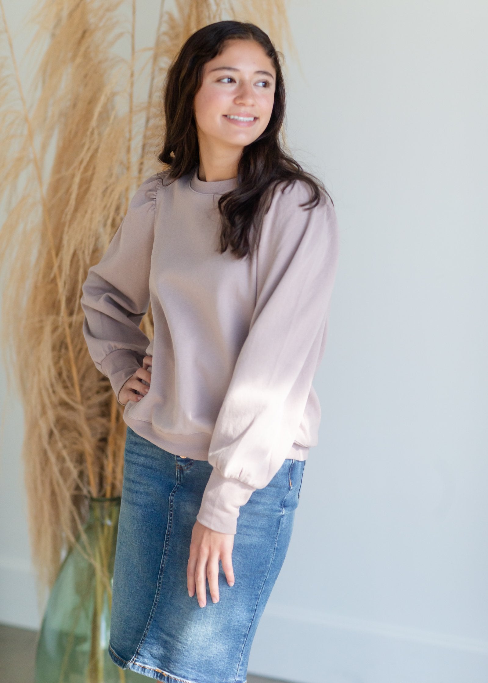 Mauve Crew Neck Puff Sleeve Sweatshirt Tops Mod Ref