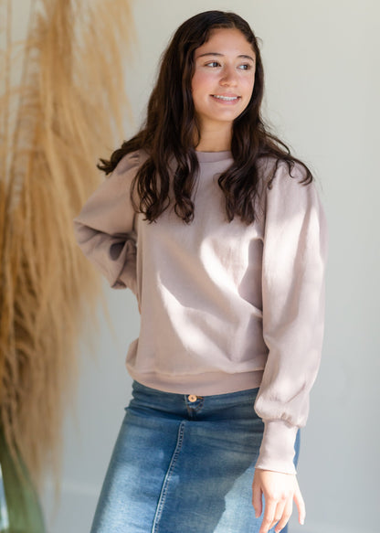 Mauve Crew Neck Puff Sleeve Sweatshirt Tops Mod Ref