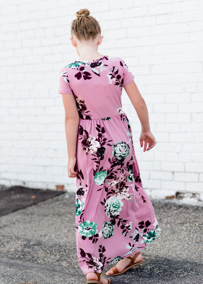 Girls mauve maxi dress with teal floral accents 