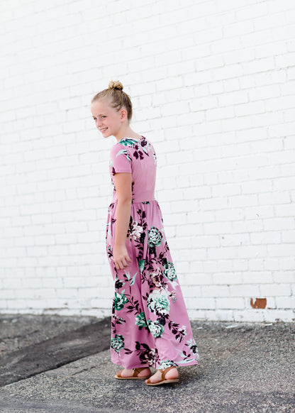 Girls mauve maxi dress with teal floral accents 