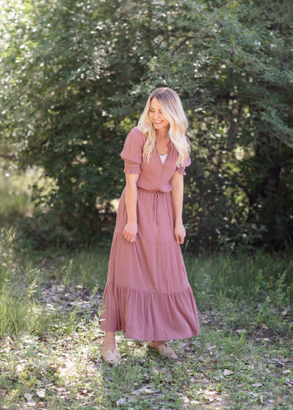 Mauve Gauze Puff Sleeve Maxi Dress Dresses Hem & Thread