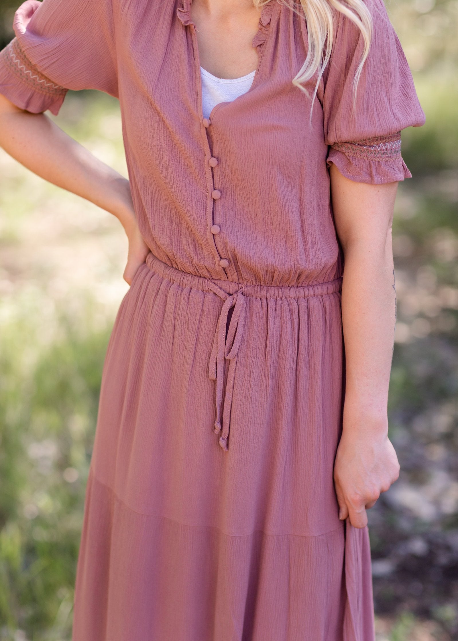 Mauve Gauze Puff Sleeve Maxi Dress Dresses Hem & Thread