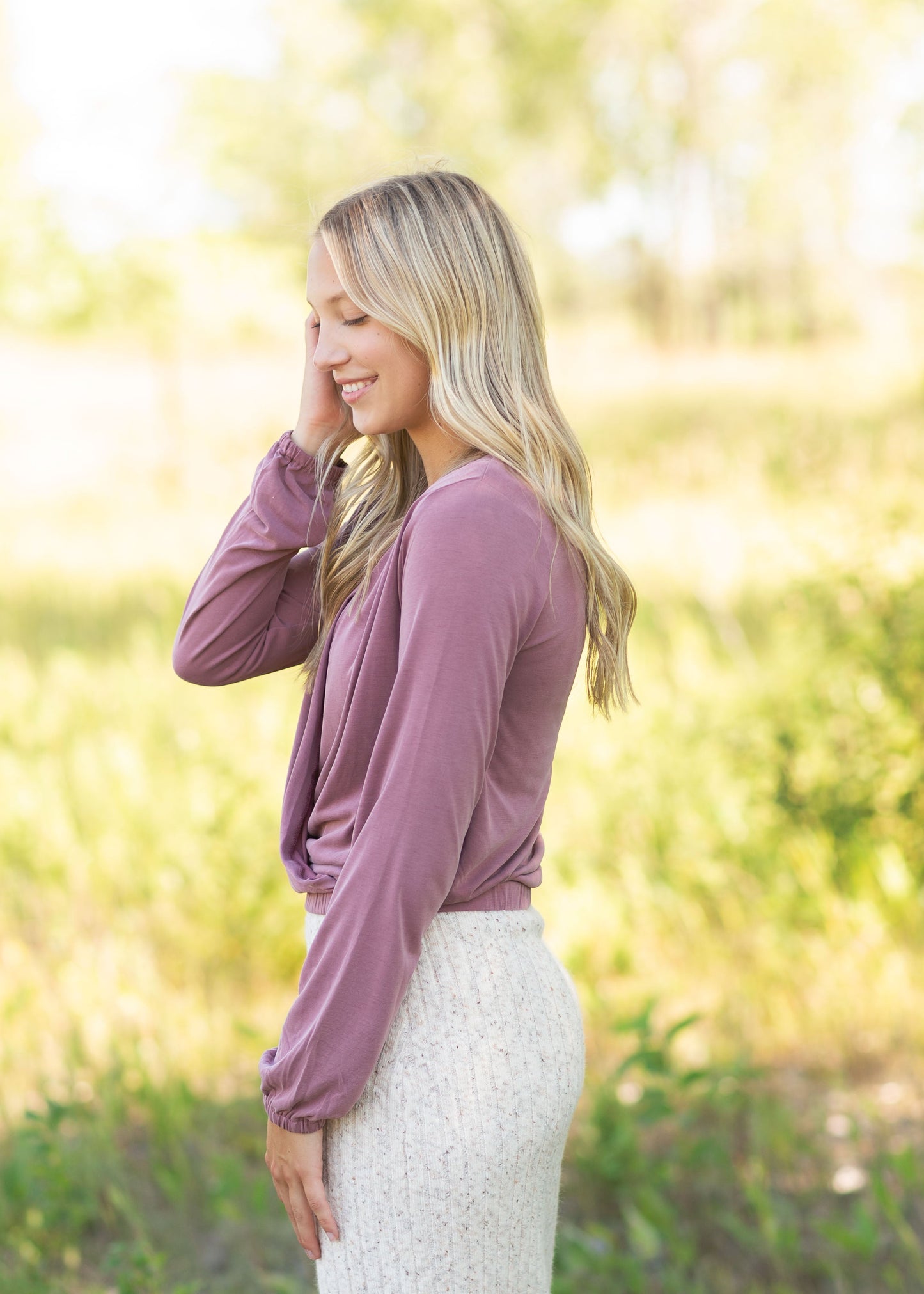 Mauve Long Sleeve Crossover Top Tops