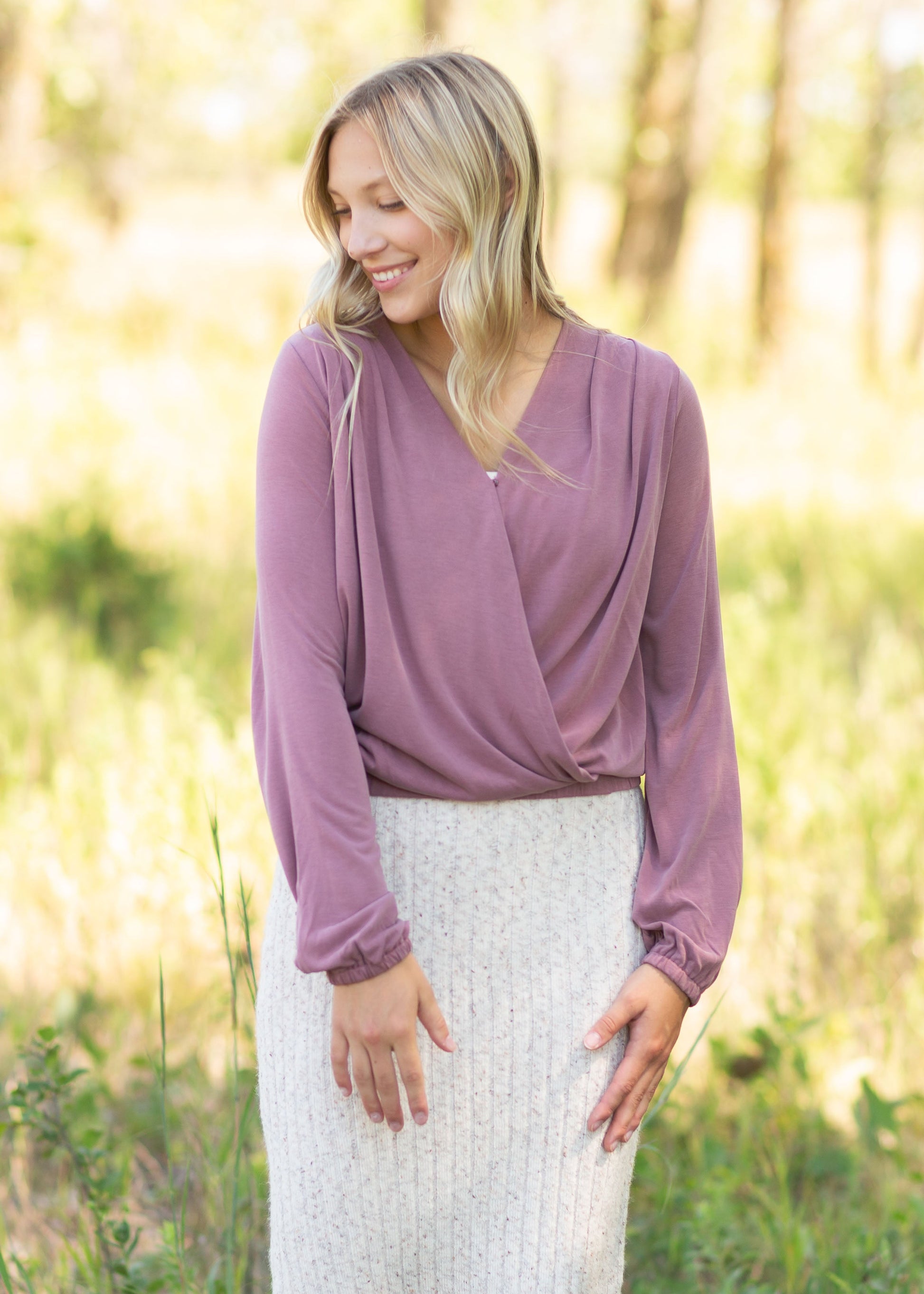 Mauve Long Sleeve Crossover Top Tops