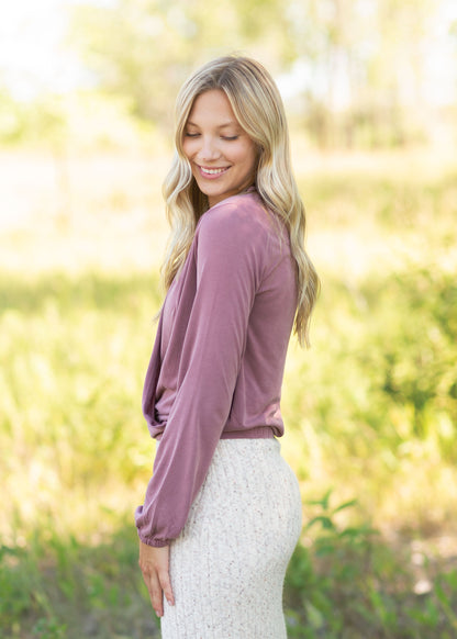 Mauve Long Sleeve Crossover Top Tops