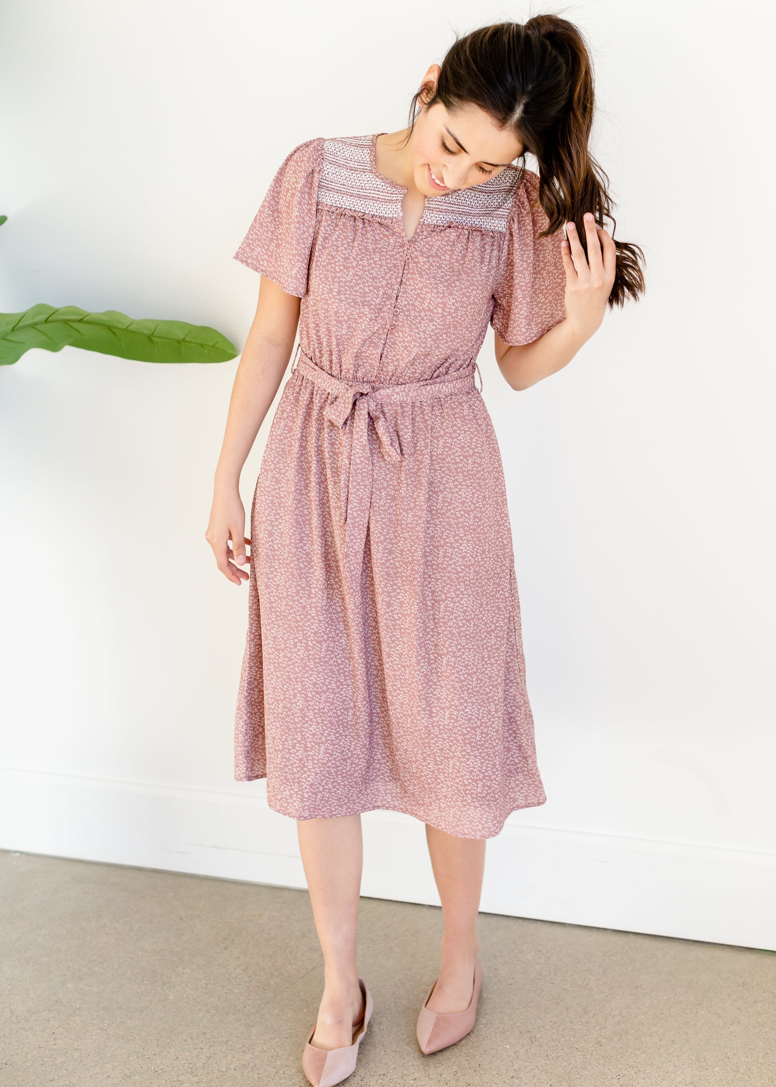 Mauve Smocked Yoke Midi Dress - FINAL SALE Dresses