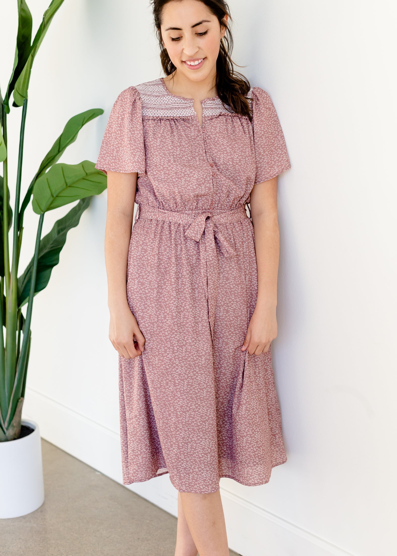 Mauve Smocked Yoke Midi Dress - FINAL SALE Dresses