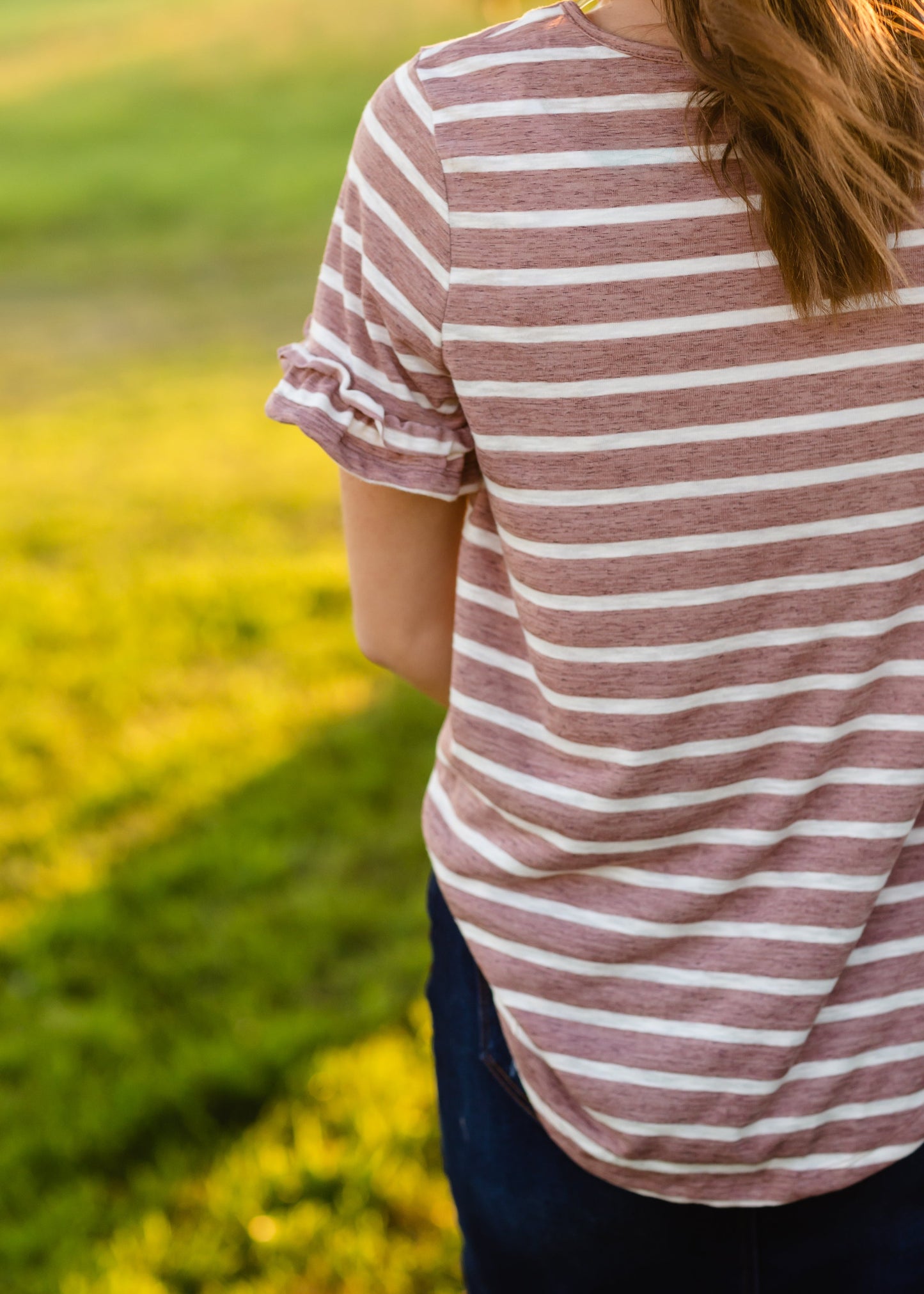 Mauve Striped Ruffle Sleeve Tee - FINAL SALE Tops