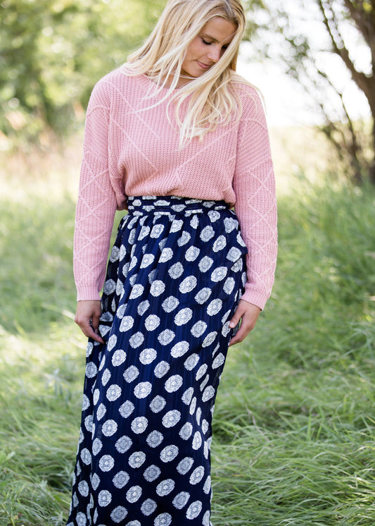 navy printed high waist lightweight maxi skirt