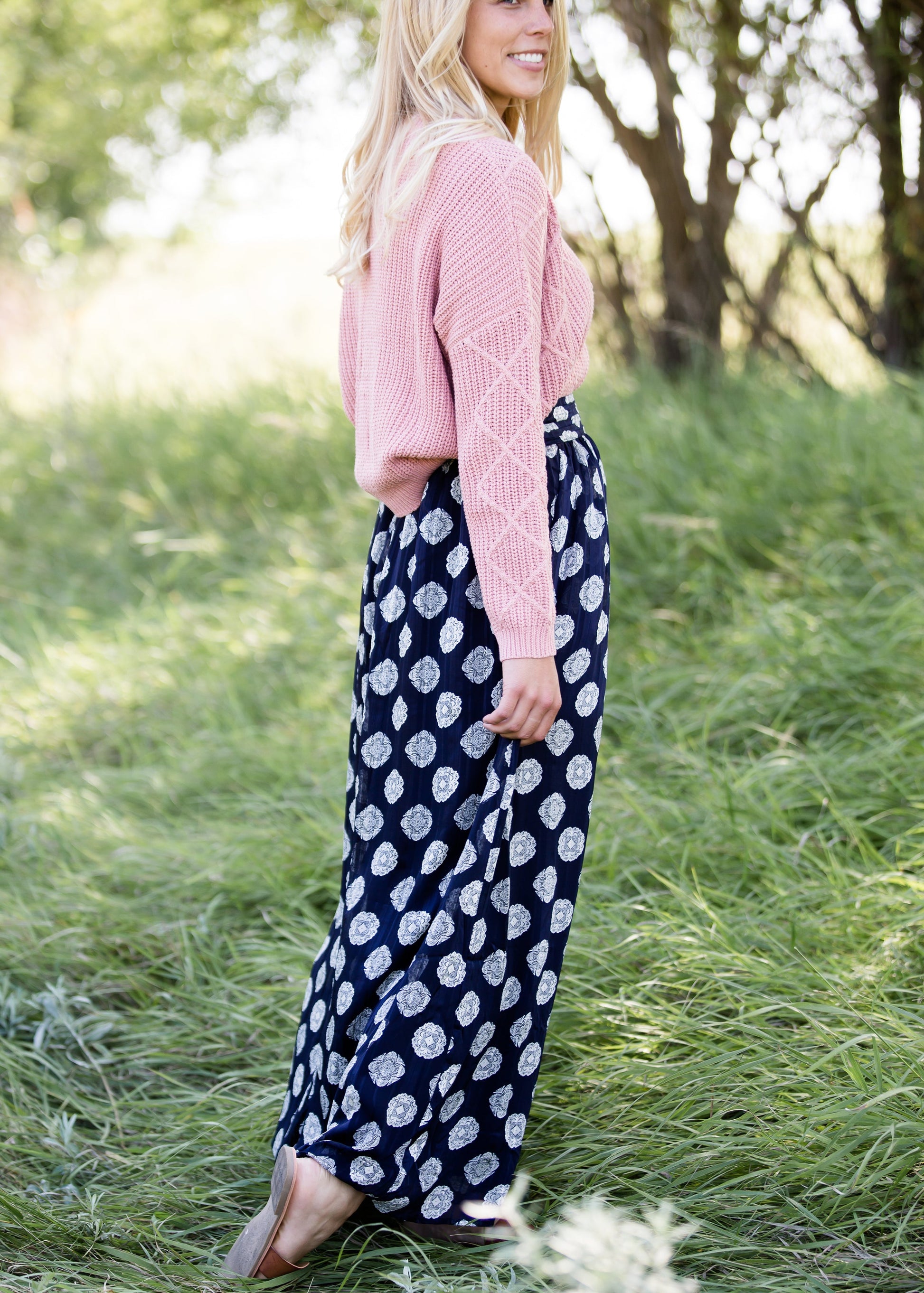 navy printed high waist lightweight maxi skirt