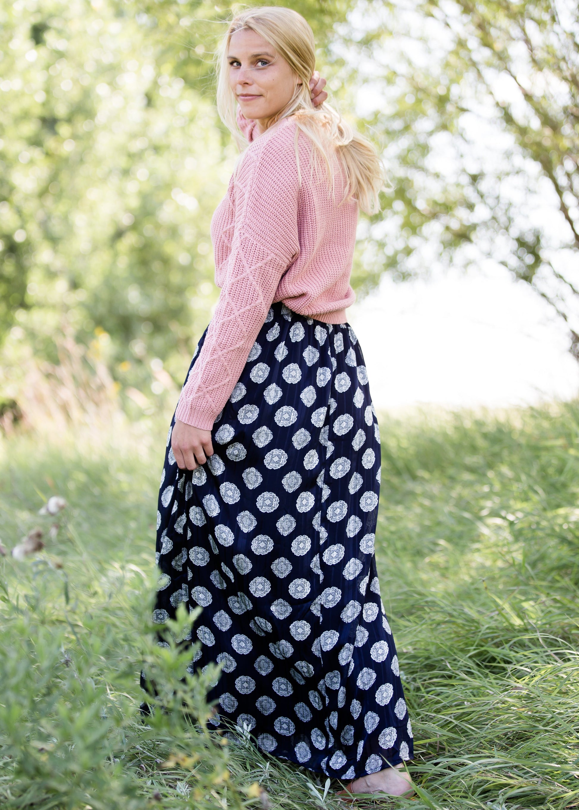 navy printed high waist lightweight maxi skirt