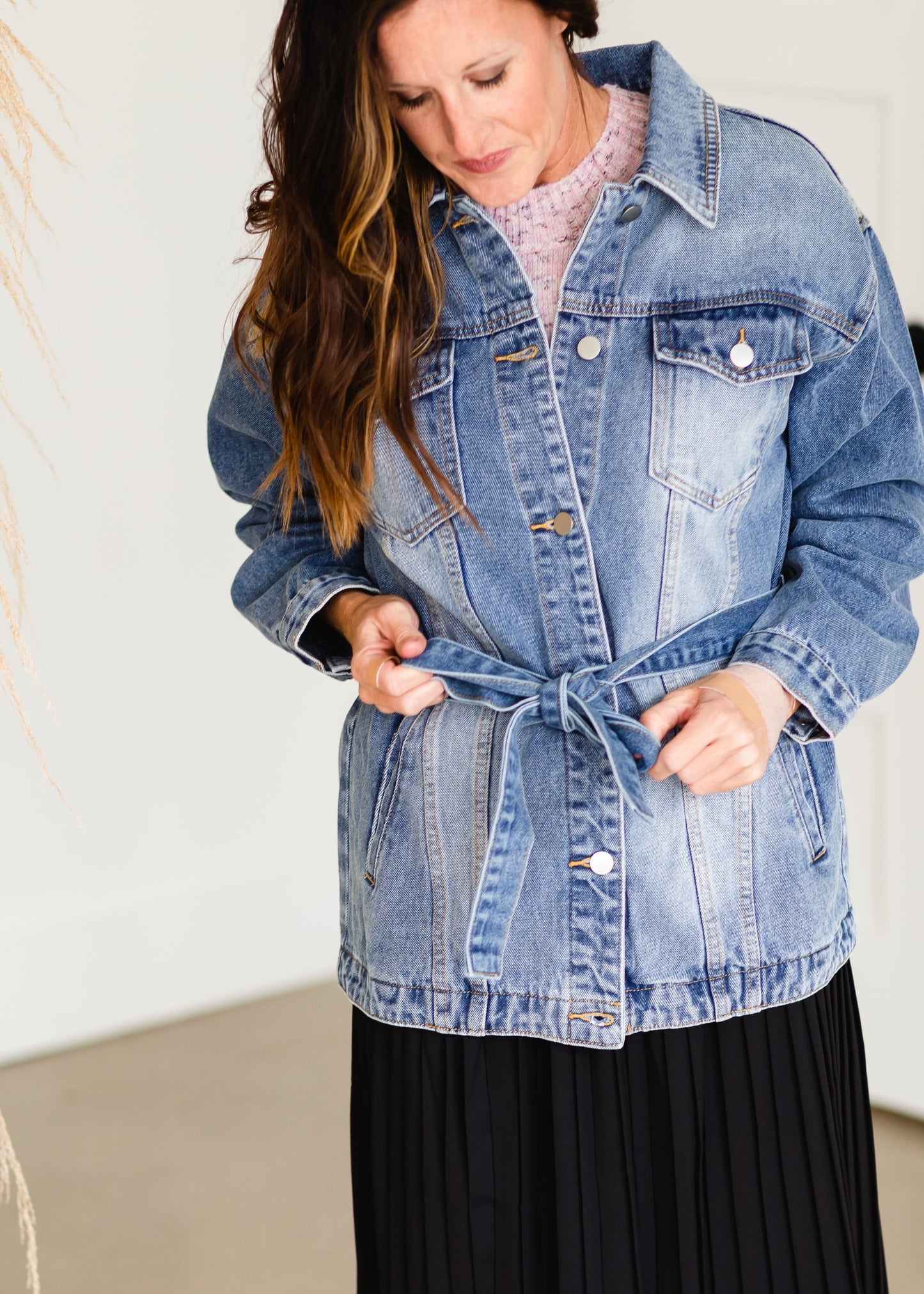 Medium Wash Tie Waist Denim Jacket - FINAL SALE Tops