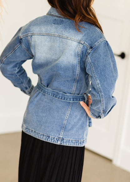 Medium Wash Tie Waist Denim Jacket - FINAL SALE Tops