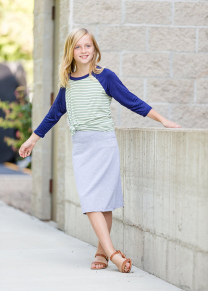 mint and navy girls baseball stripe top