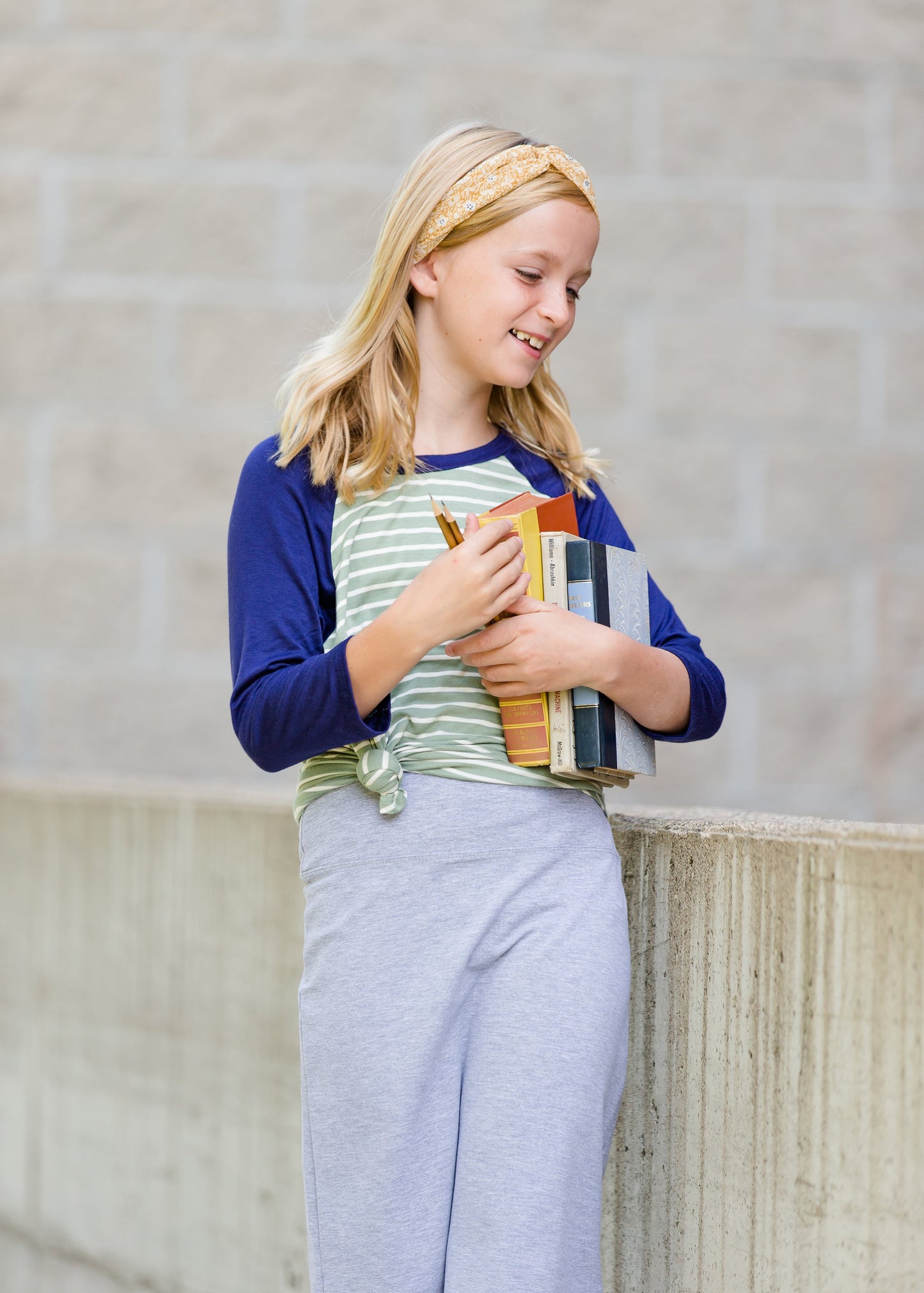 mint and navy girls baseball stripe top