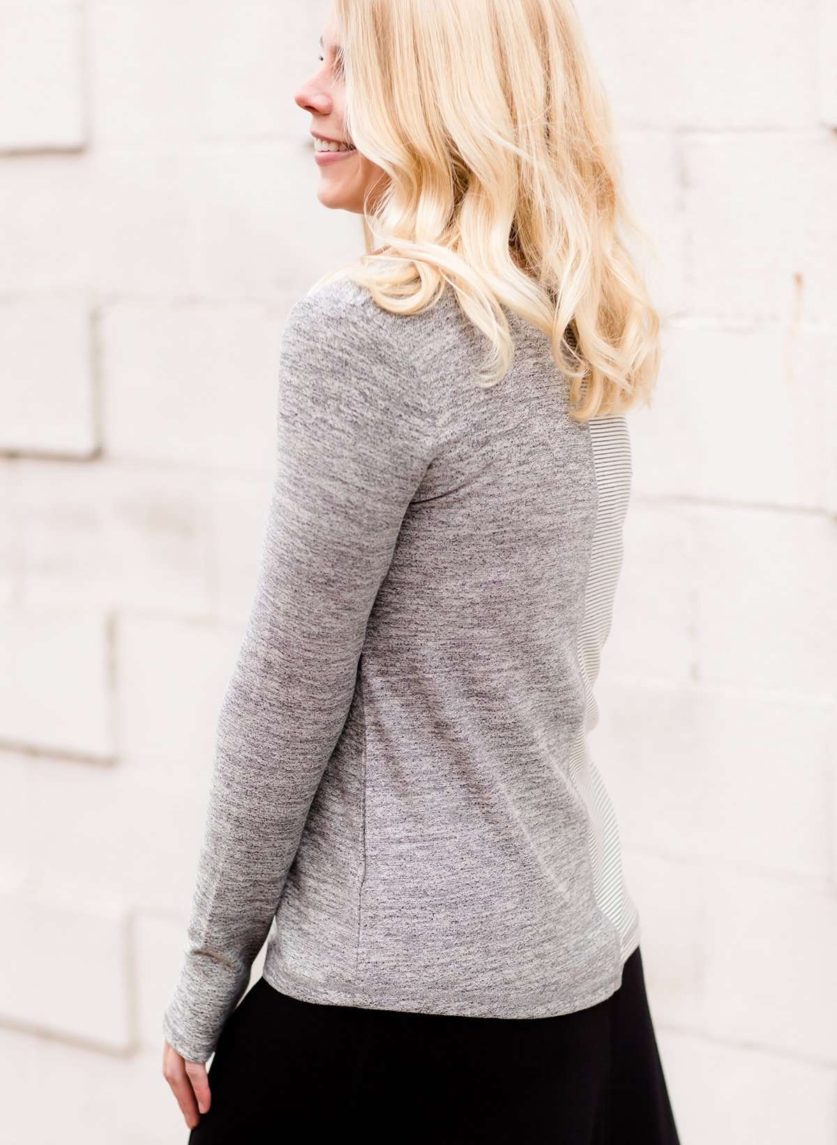 Modest women's gray and charcoal patterned sweater