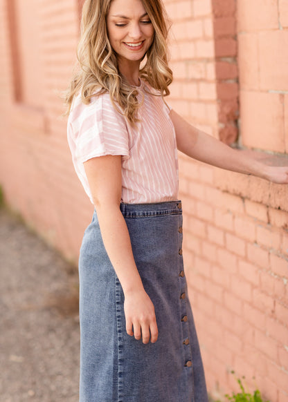 Mixed Striped Short Sleeve Top Tops Pink / S