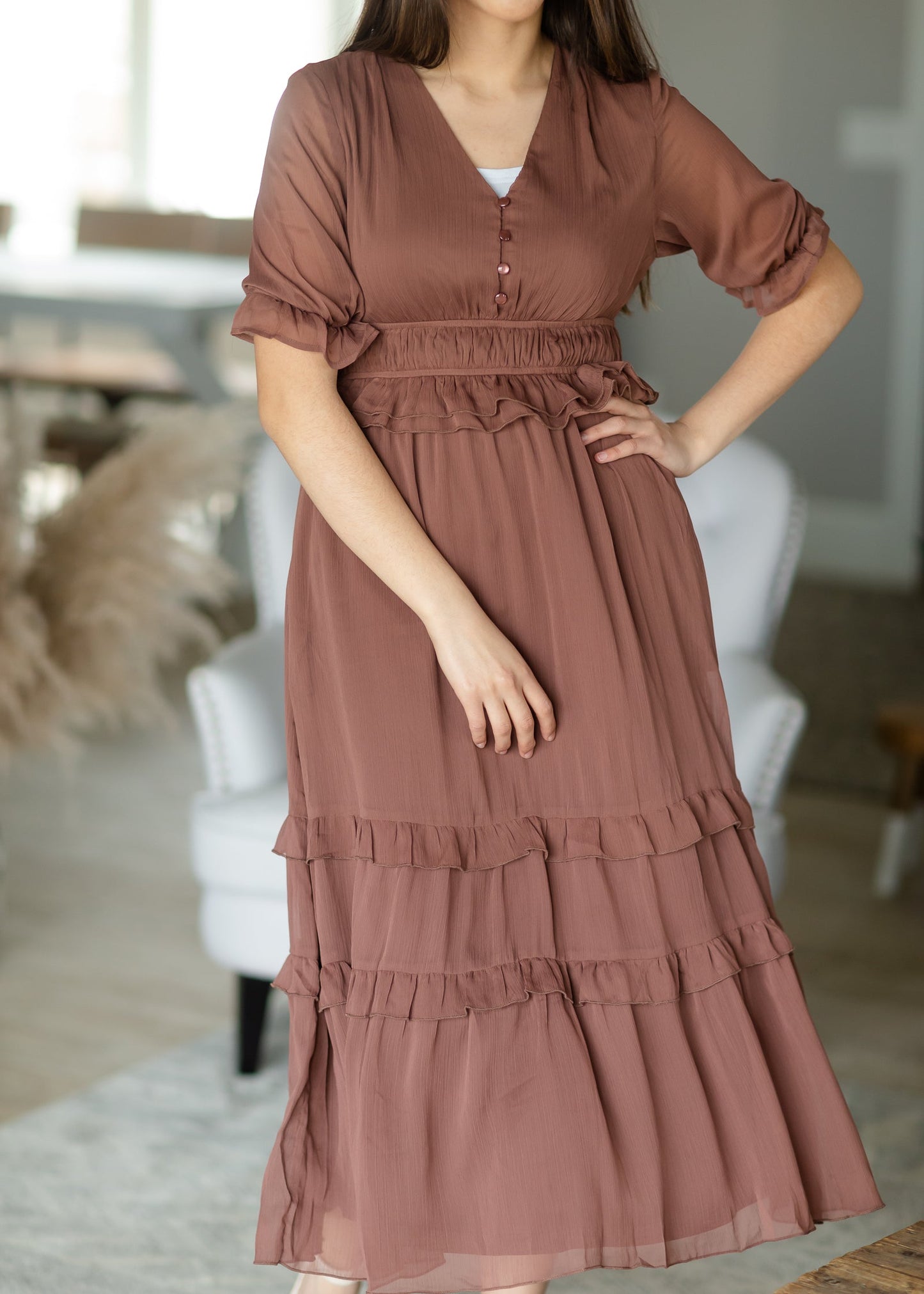 Mocha Chiffon Tiered Ruffle Midi Dress - FINAL SALE Dresses