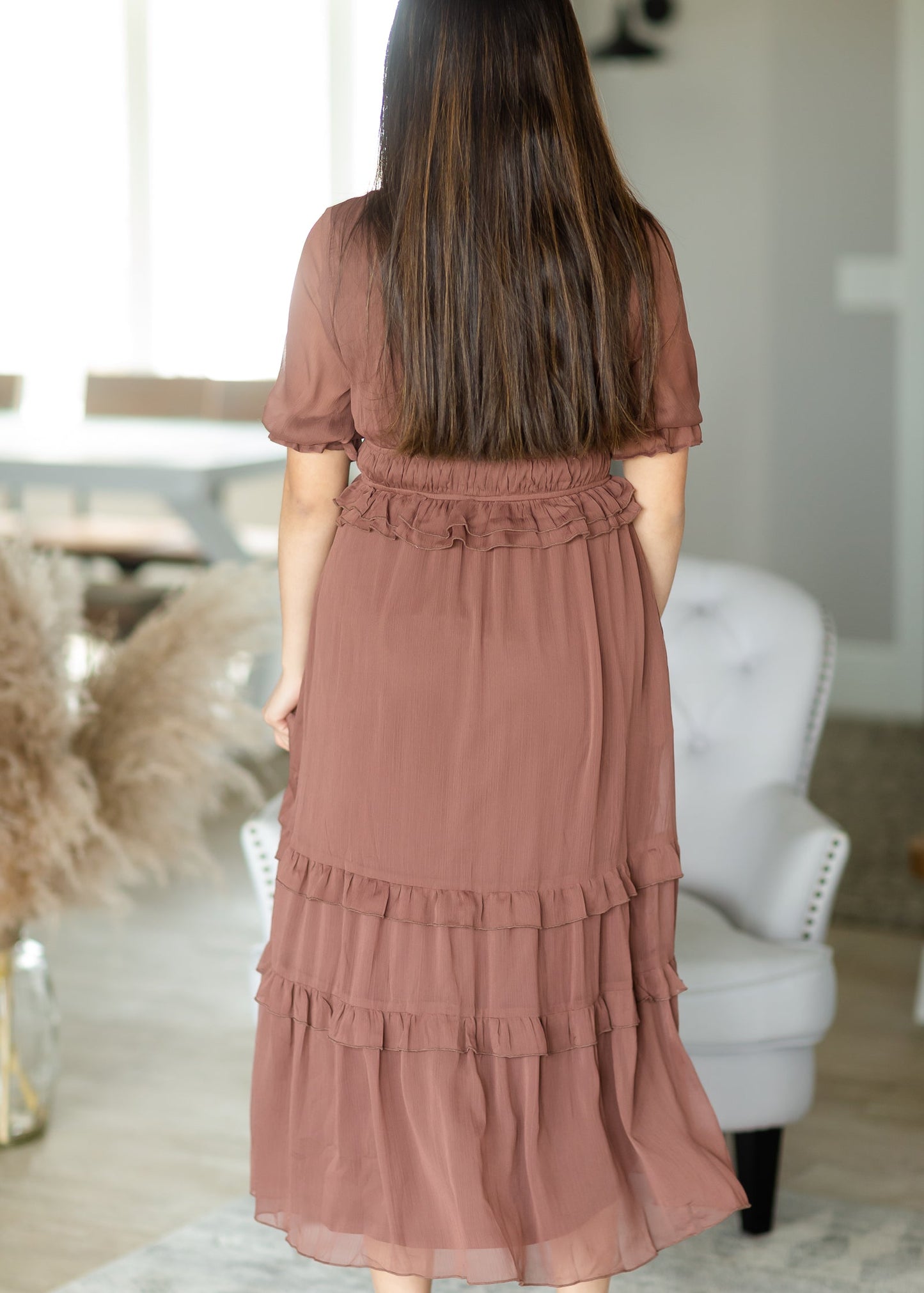 Mocha Chiffon Tiered Ruffle Midi Dress - FINAL SALE Dresses