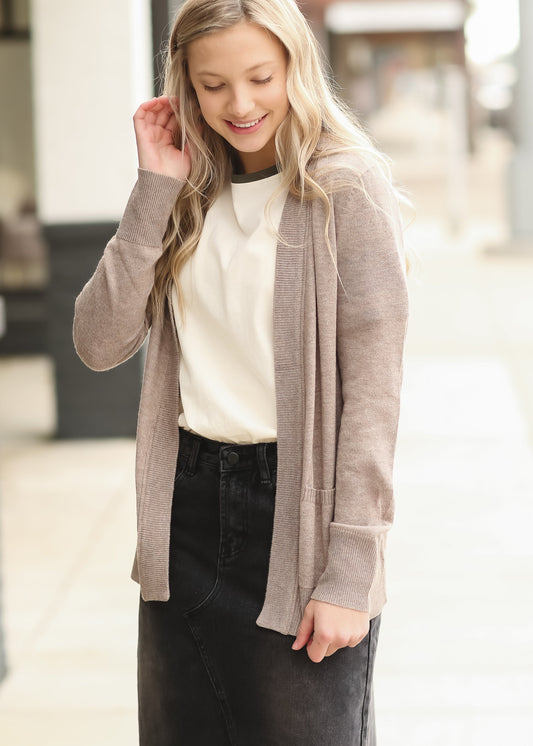 Mocha Long Sleeve Wool-Like Cardigan - FINAL SALE Tops