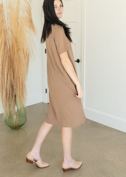 Mocha Short Sleeve Ribbed T-Shirt Midi Dress Dresses Pologram