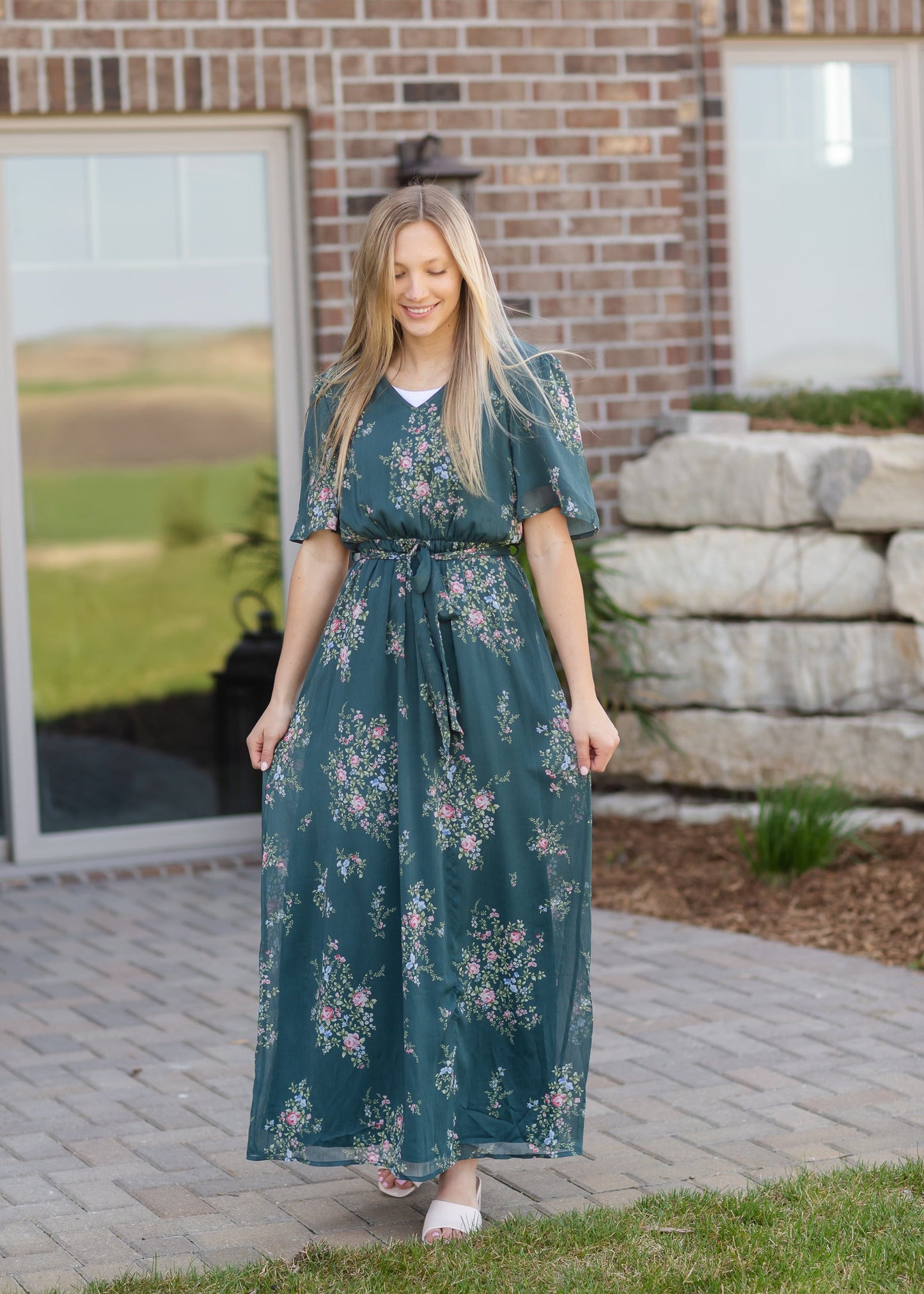 Moss Green Floral Maxi Dress Dresses