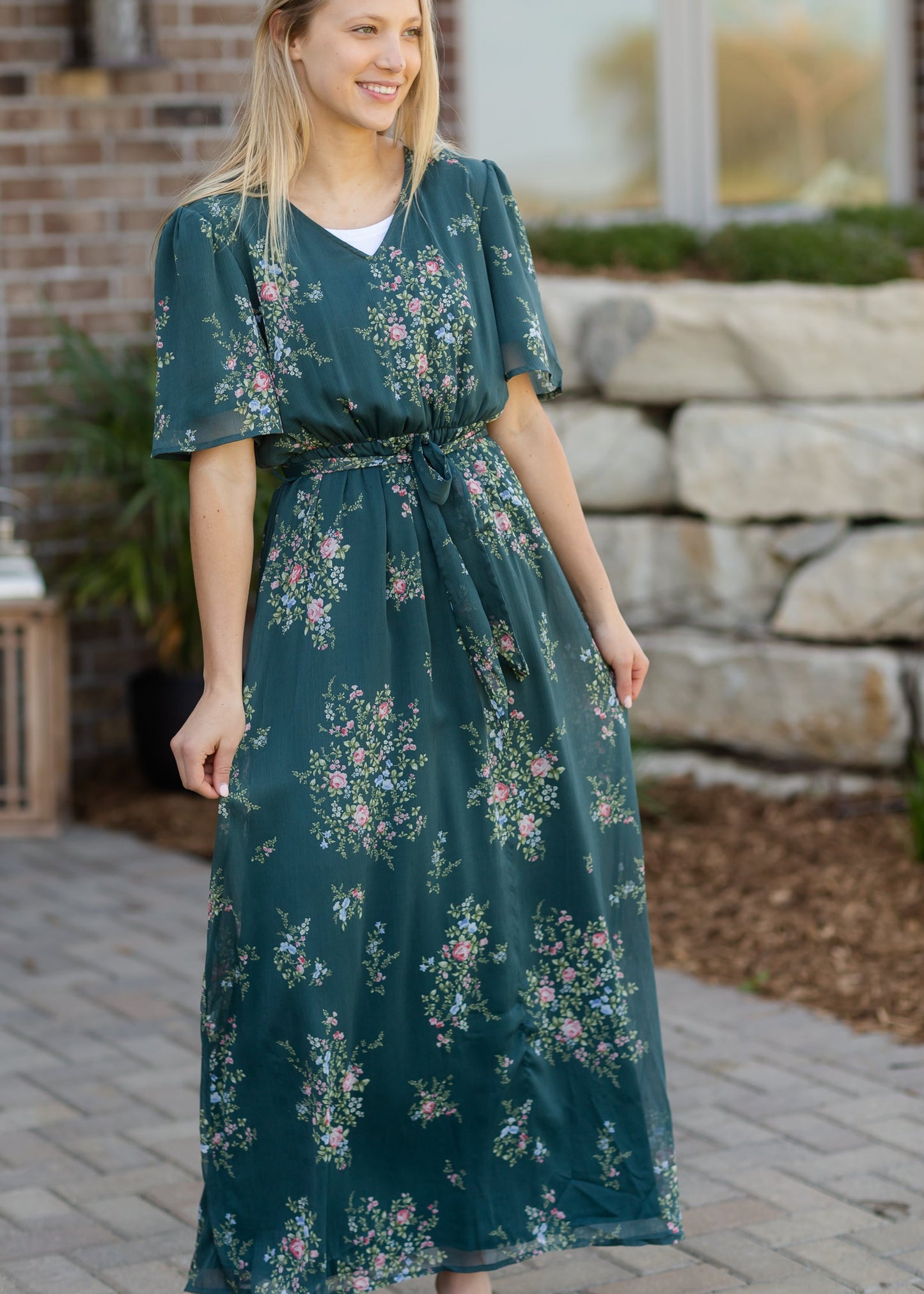 Moss Green Floral Maxi Dress Dresses