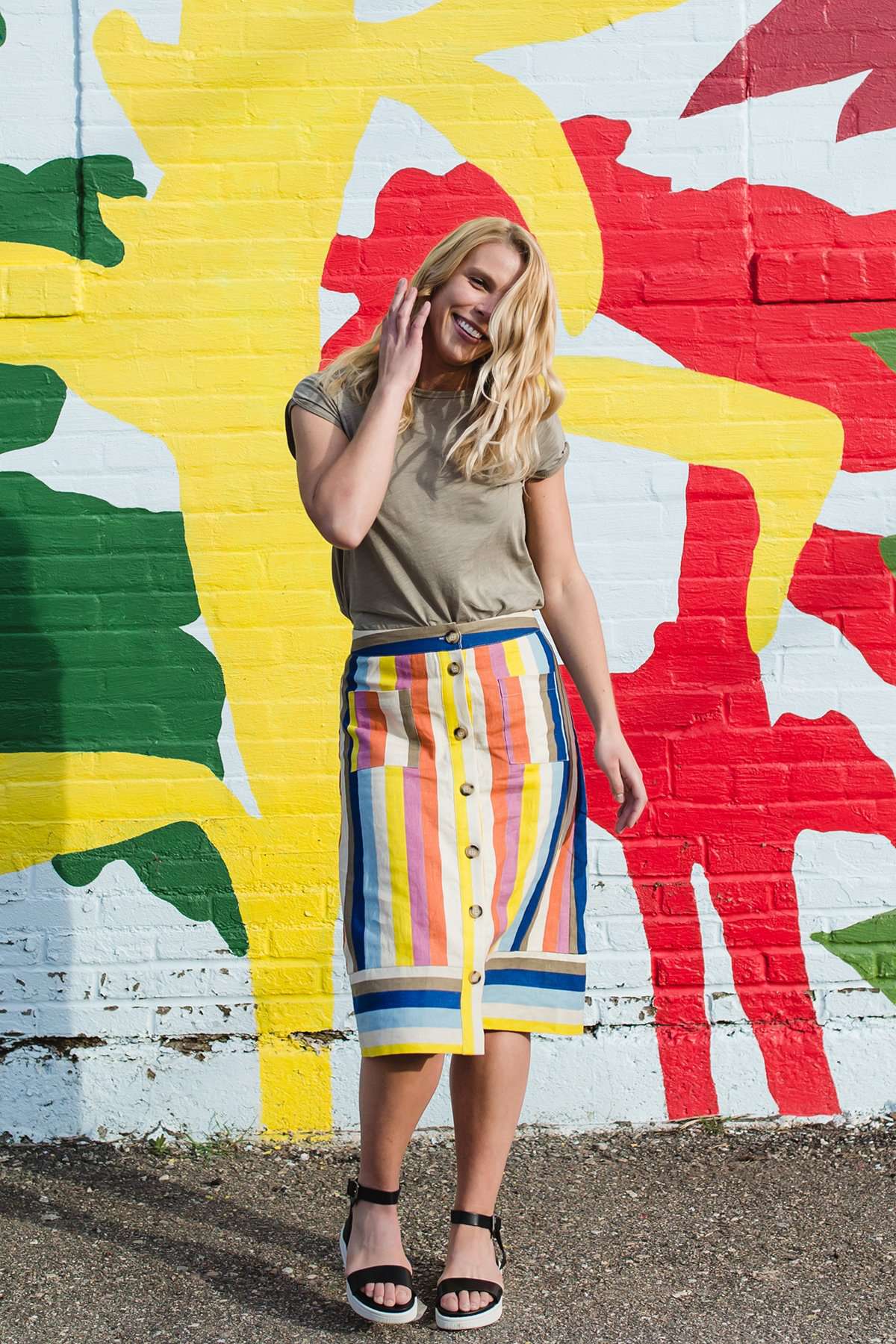 Multi colored flowy below the knee striped knit skirt