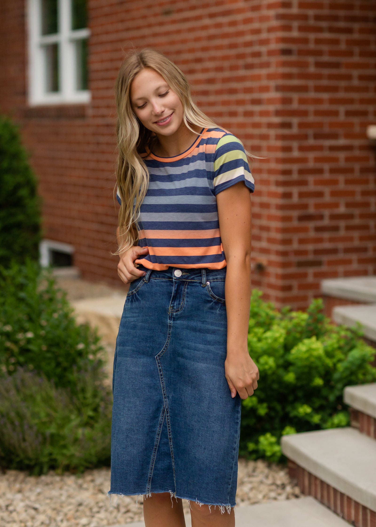 Multi Stripe Casual Short Sleeve Tee Tops