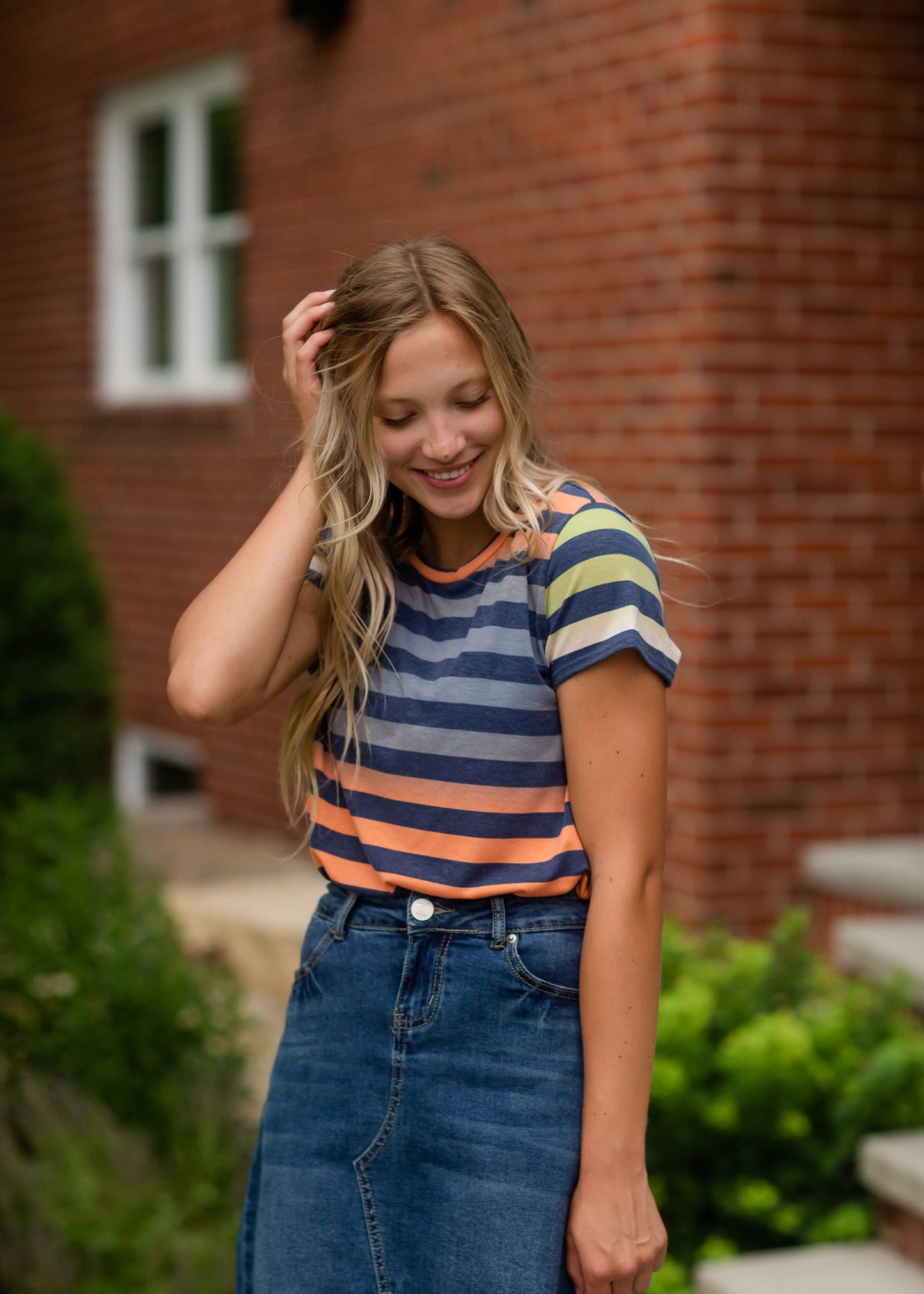 Multi Stripe Casual Short Sleeve Tee Tops