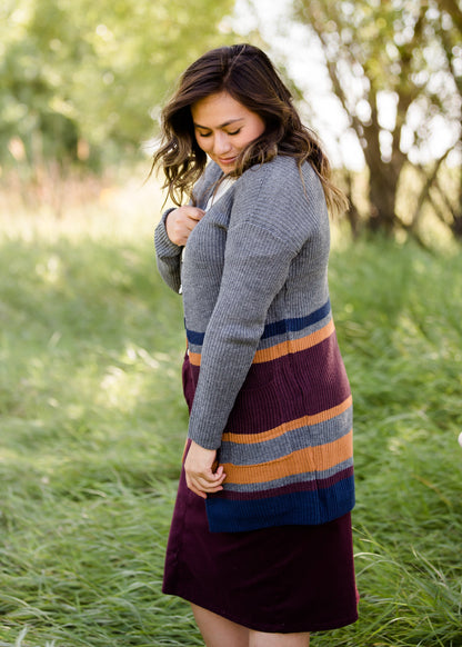 Long knit charcoal womens cardigan with orange and burgundy stripes