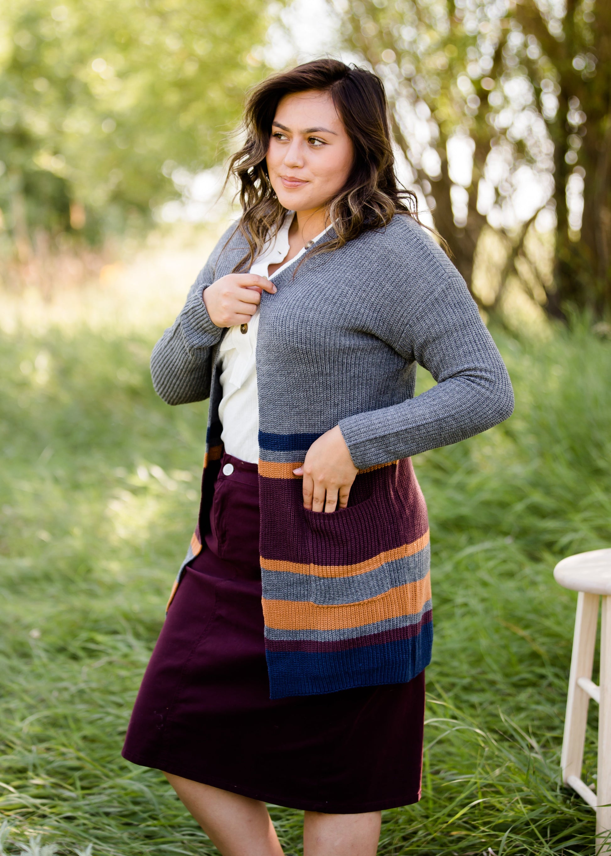 Long knit charcoal womens cardigan with orange and burgundy stripes