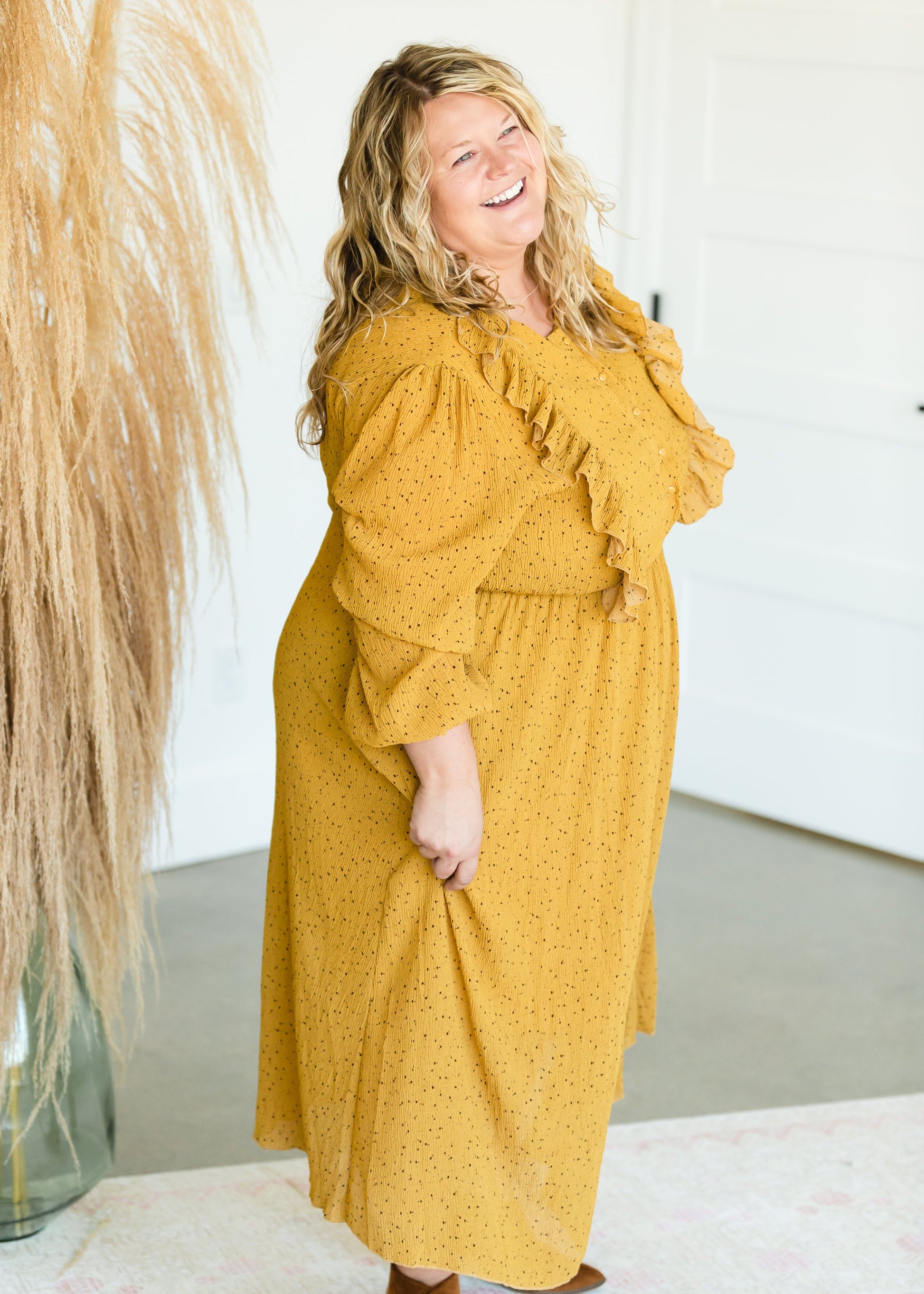 Mustard Button Front Ruffle Maxi Dress - FINAL SALE Dresses