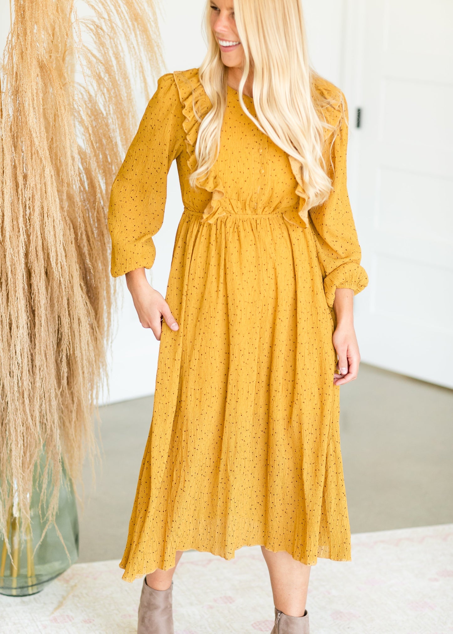 Mustard Button Front Ruffle Maxi Dress - FINAL SALE Dresses