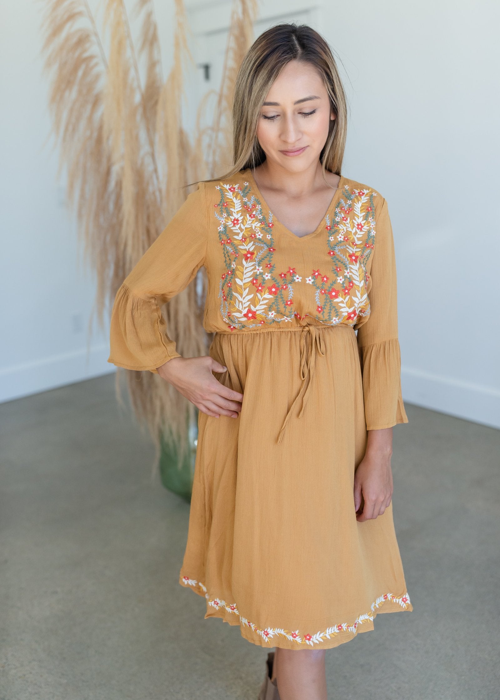 Mustard Embroidered Bell Sleeve Midi Dress Dresses Tea & Rose