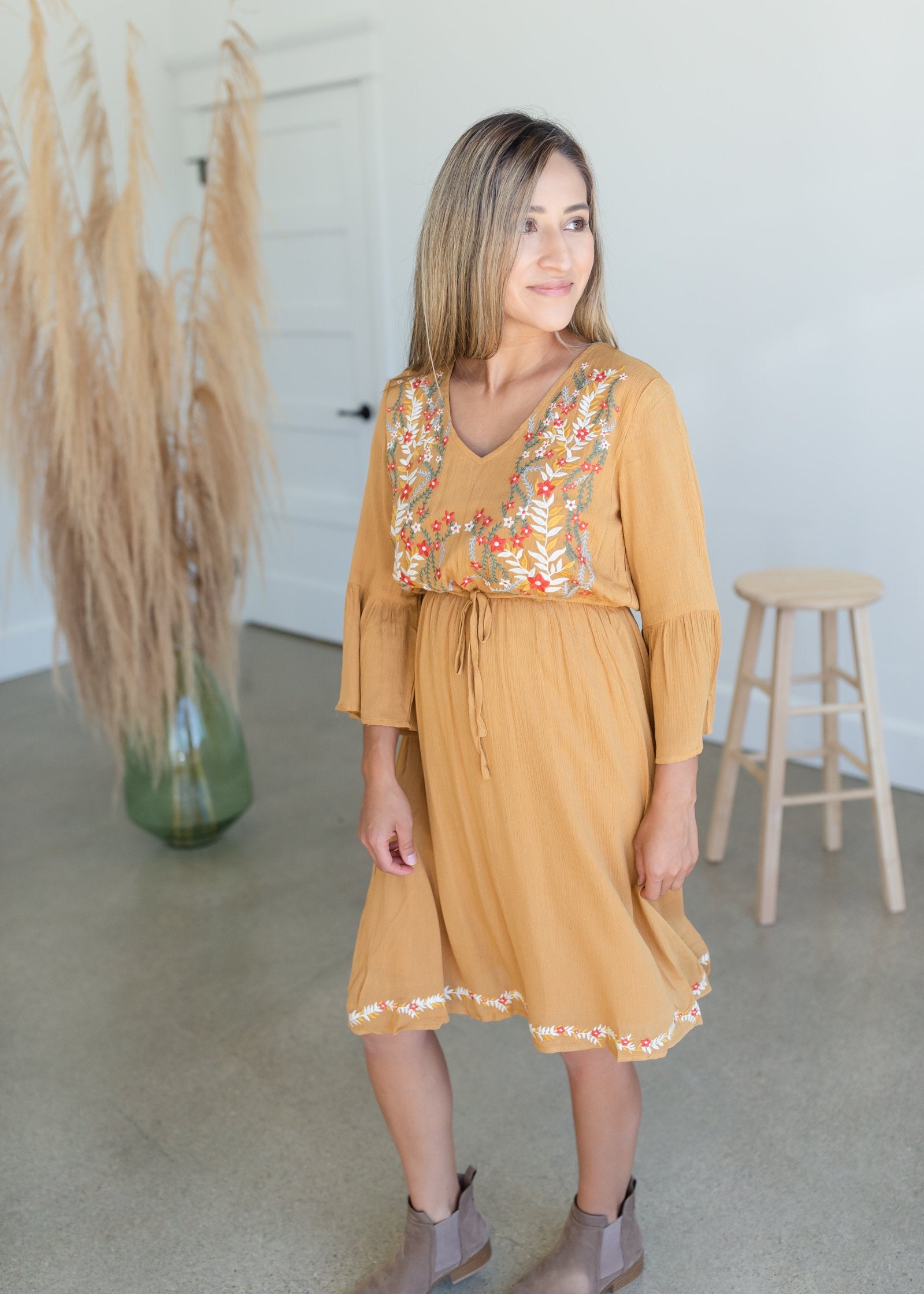 Mustard Embroidered Bell Sleeve Midi Dress Dresses Tea & Rose