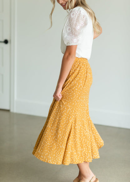 Mustard Flare Printed Midi Skirt Skirts