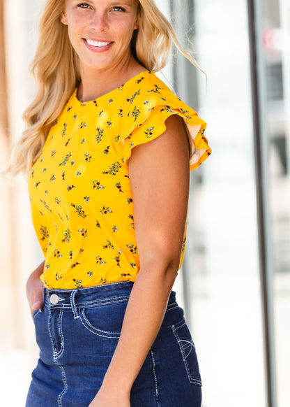 Mustard Floral Flutter Sleeve Top - FINAL SALE Tops