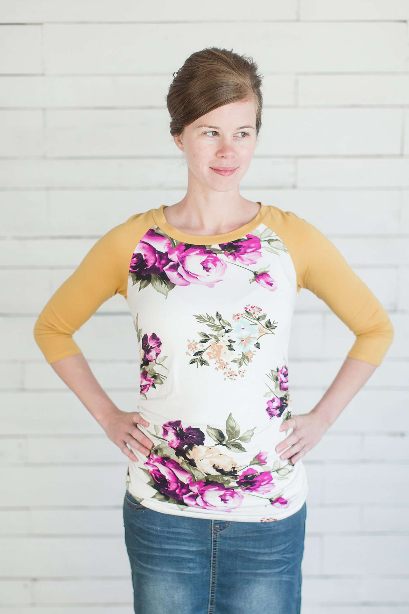 Mustard & Floral Maternity Baseball Tee Tops