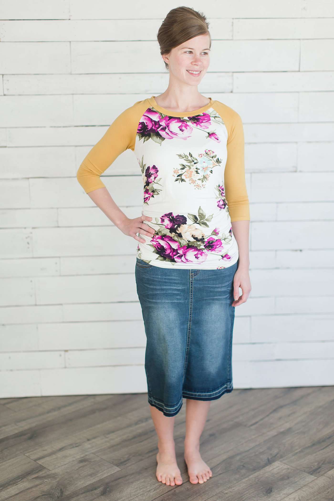 Mustard & Floral Maternity Baseball Tee Tops